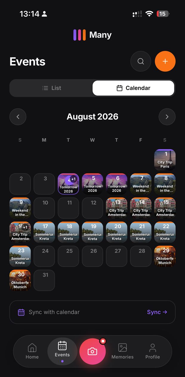 Many app — calendar view of all events