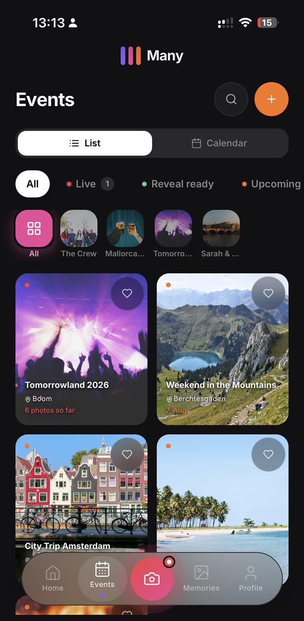 Events list with filters