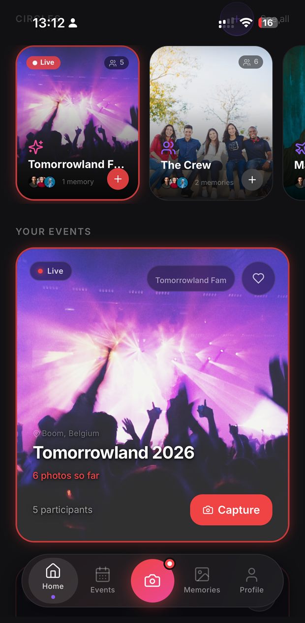 Many app home screen — your Circles and your events at a glance