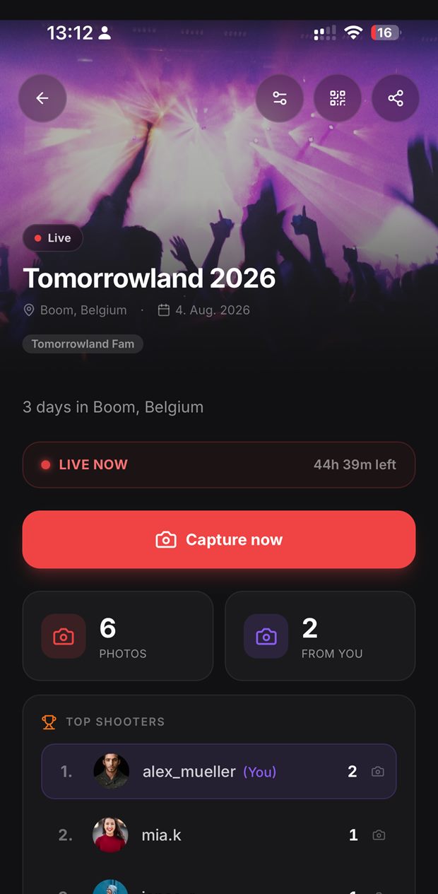 Many app — live event with capture button and countdown