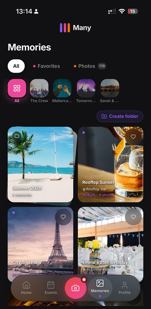 Many app — Memories overview with folders and Circle filters