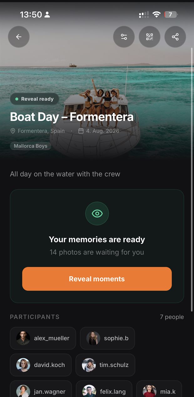 Many app — your memories are ready, reveal button visible