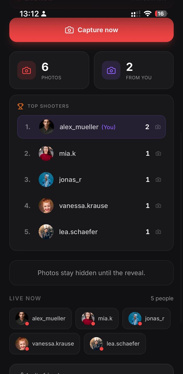 Many app — Top Shooters leaderboard during a live event