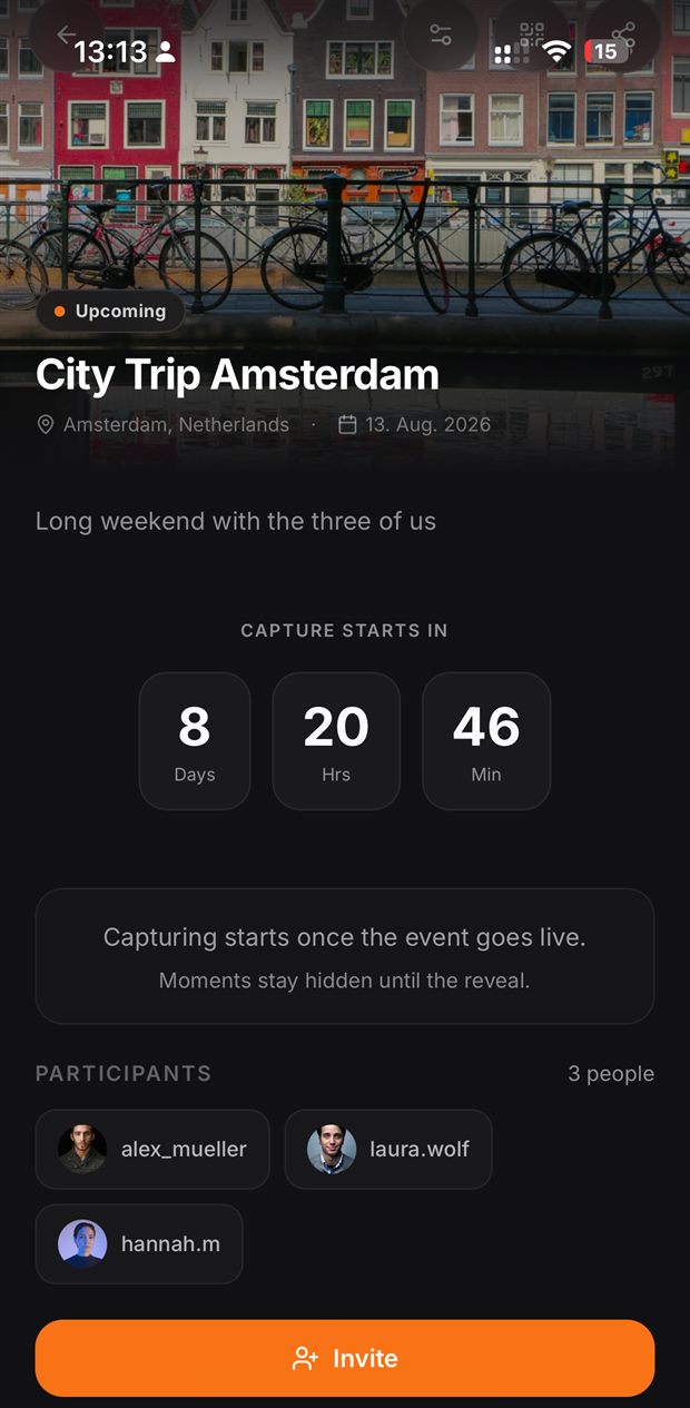 Many app — upcoming event with countdown until capture starts